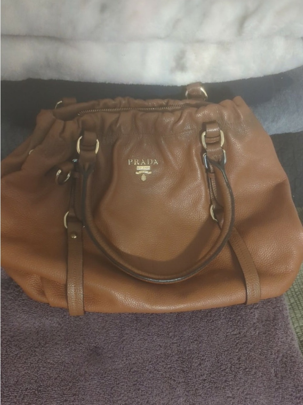 Prada Tan Pebbled Leather Satchel with Gold Hardware
